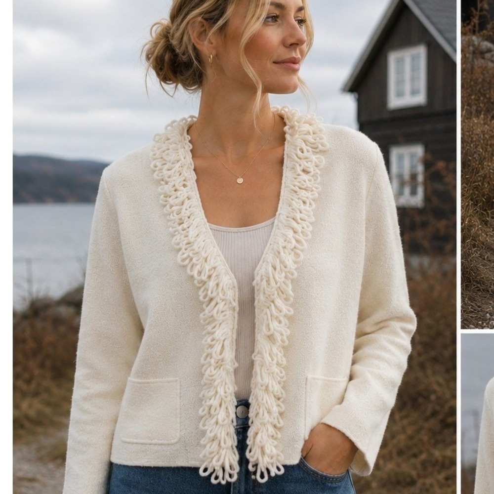 Womens Cream Wool Fringe Cardigan Size L Loop Trim Nordic Scandinavian Boho Luxe